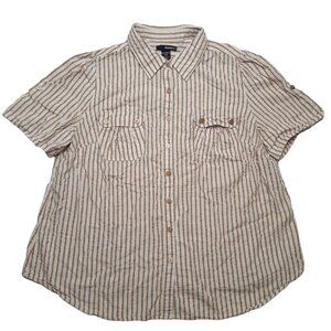 Denim 24 7 Top Womens Plus 24W Brown Seersucker Button Up Striped Short Sleeve